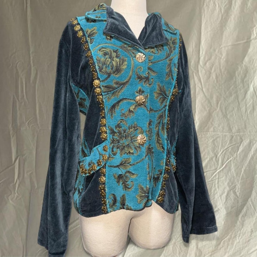 Vintage Blue Velvet Embroidered Statement Jacket